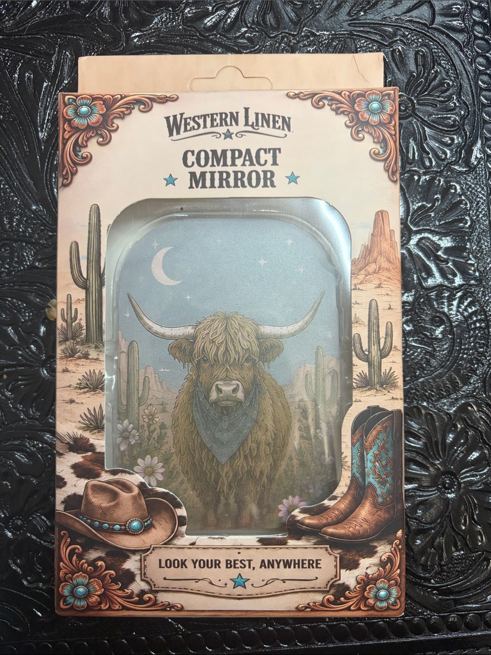 Western Linen Highland Cow Compact Mirror